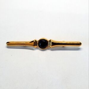 Vintage Gold Sterling Silver Black Onyx Bar Brooch